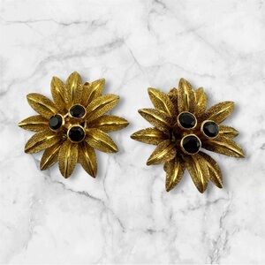 Vintage Gold and Deep Red Garnet Floral Clip Earrings